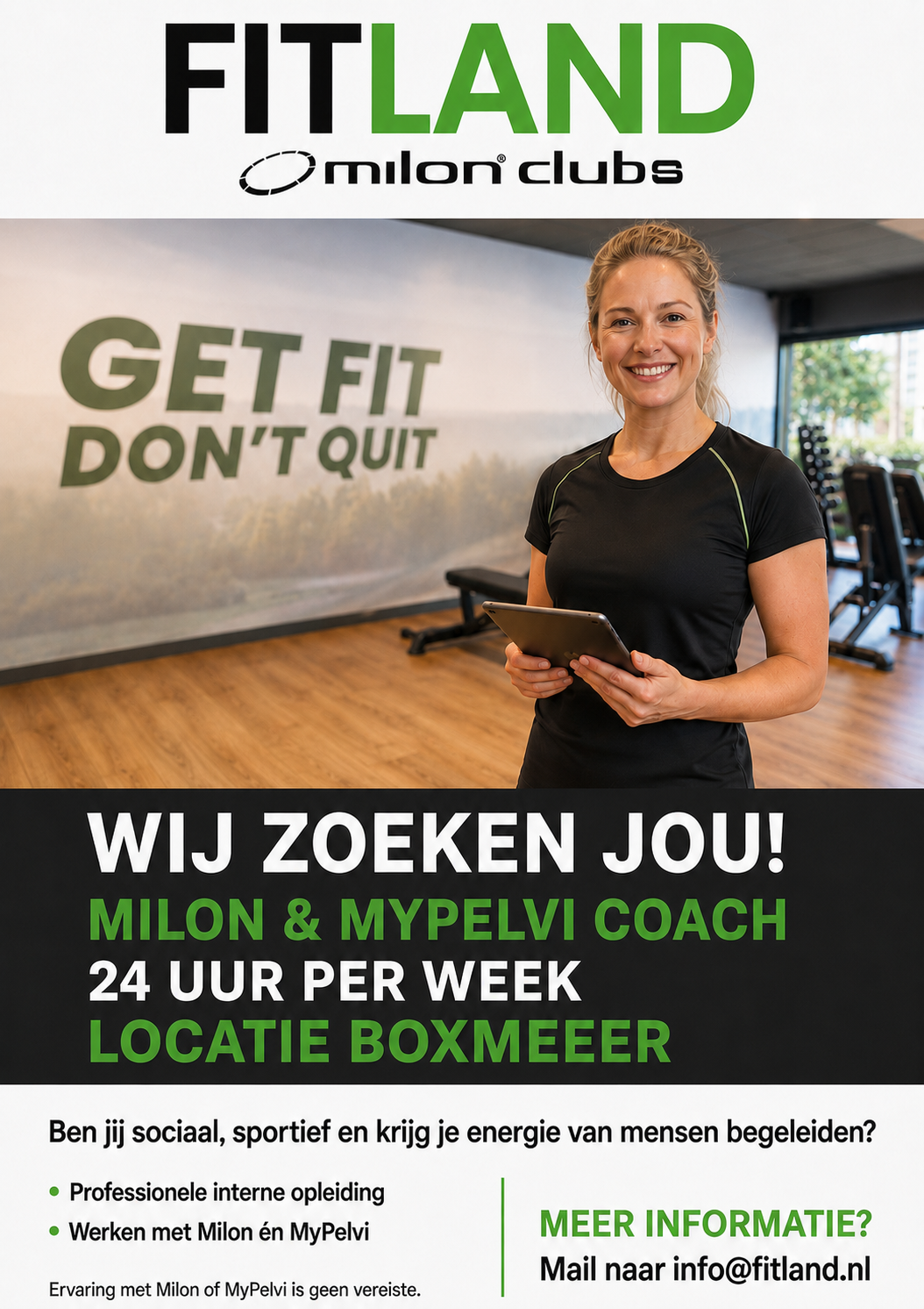 Vacature Milon en MyPelvi coach bij Fitland Boxmeer: 24 uur per week, interne opleiding, reageren via info@fitland.nl